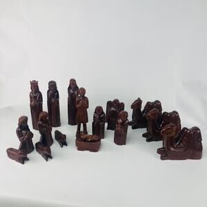Vintage Hand Carved Wood Christmas Nativity Scene 17 PC Set Made in Philippines